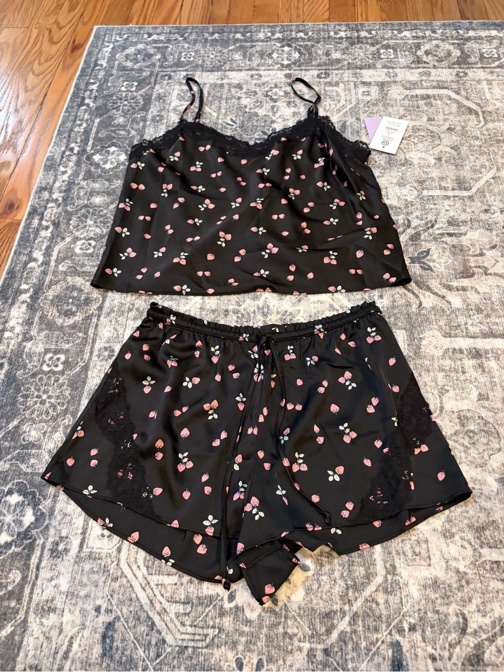 Satin Cami & Shorts Pajama Set in Black with Pink strawberry Print